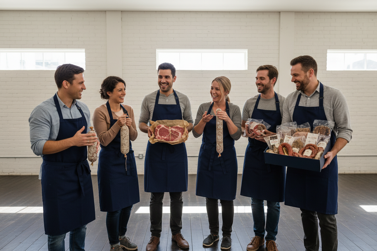 a group of 7 people who are work colleagues on a team building day, dressed casually, all wearing navy aprons, in a white brick room with a dark wooden floor and windows from chest height to just above head height. A couple are showing off the salamis they've made, and one's holding a wrapped joint of beef, another is holding a navy blue gift box that is overflowing with wrapped charcuterie.