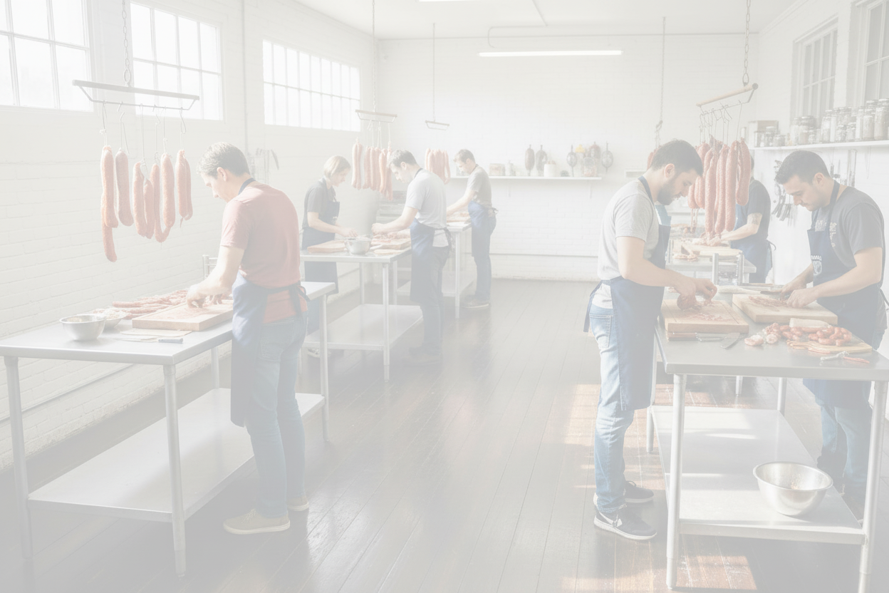 a kitchen workshop scene, with dark wooden floor and upper-body level windows along one side, white brick walls, a long narrow room, filled with spaced out silver metal butchers tables, with 2 people working at each one, one person either side of the table. Salami on each table. The people dressed casually but all wearing navy blue aprons.