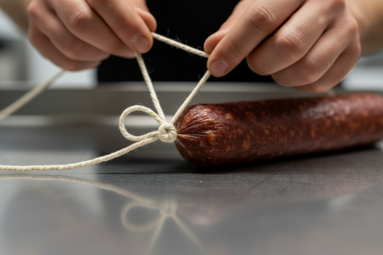 focus closer in on the knot, hands and salami