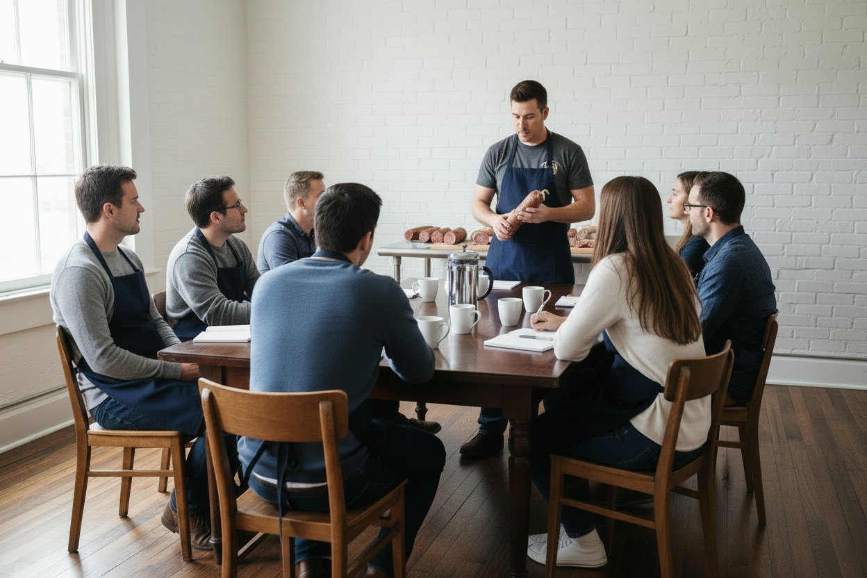 remove the whiteboard that's on the wall. Add a male standing at the head of the table, also wearing a navy blue apron that the seated people are looking at, the male is holding a salami and explaining something to the seated people